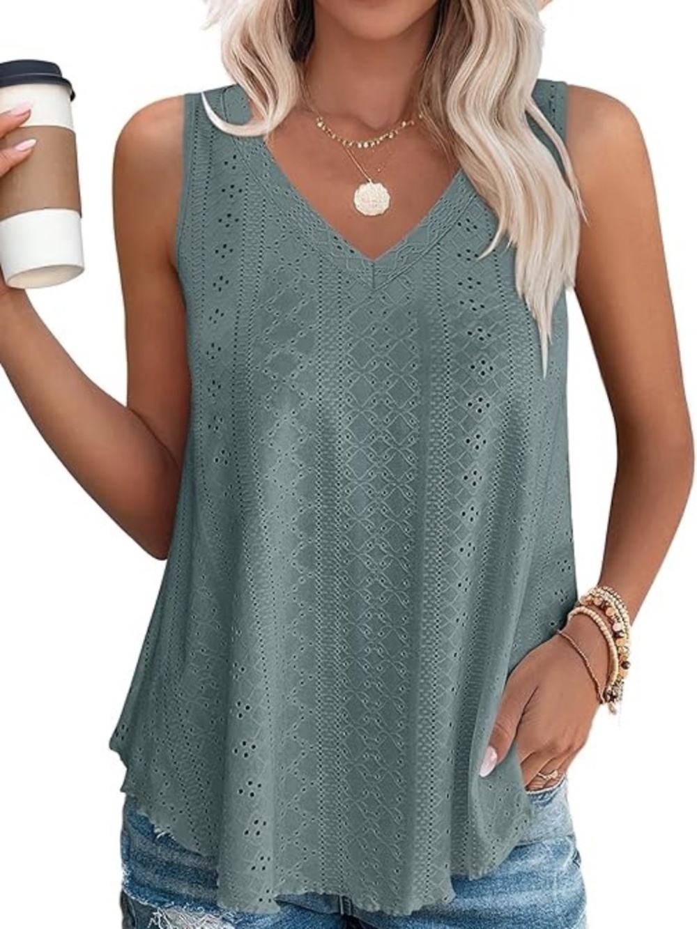 OFEEFAN Womens Tank Tops V Neck Sleeveless Flowy Sage Green Large